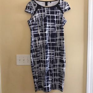 Large navy and white dress.